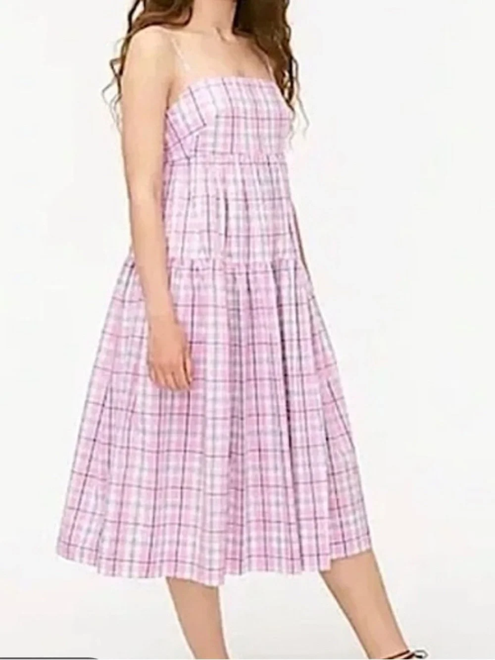 J. Crew Pink Violet Plaid Tie-back Tiered Poplin Midi Dress Size 4